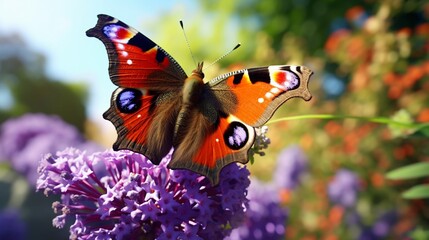 Wall Mural - aglais io or european peacock butterfly or peacock. butterfly on flower. a brightly lit red-brown or