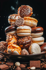 Floating sweet chocolate macaroon cookies with melting caramel on a black background. Delicious dessert idea for a cafe or restaurant menu