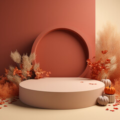 Podium for product with autumn leaves generated.AI