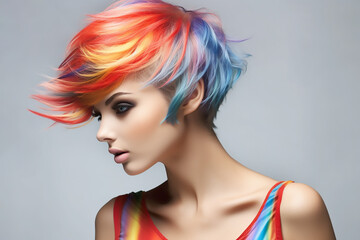 Wall Mural - Portrait of a beautiful girl with rainbow neon asymmetric hair style on gray background.