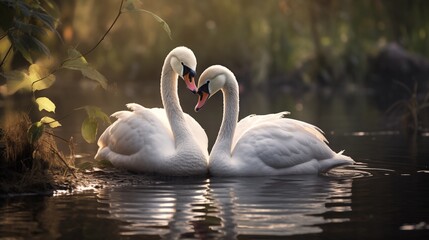 Wall Mural - Graceful swan snuggles cygnet, serene pond setting. National Hug Day.