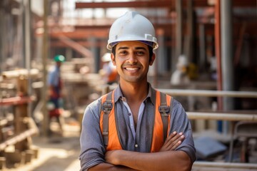 Happy indian man in an engineer hard hat at a construction site. Work process, construction of a house