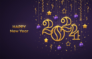 Wall Mural - Happy New Year 2024. Hanging Golden metallic numbers 2024 with shining 3D metallic stars, balls and confetti on purple background. New Year greeting card banner template. Realistic Vector illustration