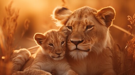 Wall Mural - Lioness tenderly embraces her cub on golden savannah, warm sunsets paint the horizon.