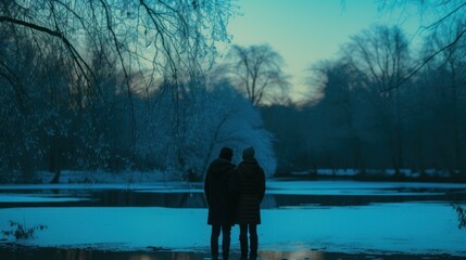 Wall Mural - A couple with their backs to the lake on a winter day