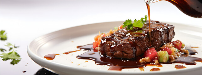 Wall Mural - grilled steak in splash of demiglas sauce In a white ceramic dish