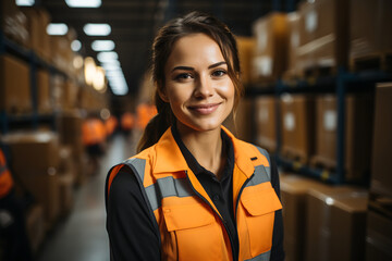 Portrait of a beautiful young woman in an orange jacket in a warehouse. ia generative