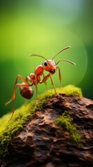 Wall Mural -  a couple of red ants standing on top of a green moss covered tree stump in front of a green background.  generative ai