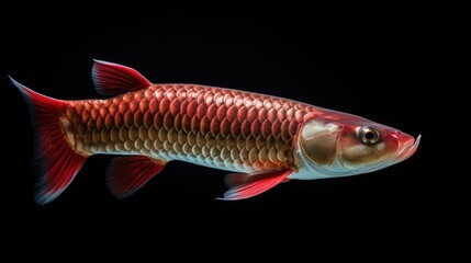  a close up of a red and white fish on a black background with a reflection of it's head.  generative ai