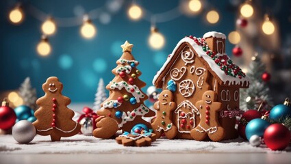 image that captures the essence of the Christmas season with a gingerbread house and beautifully decorated cookies. The gingerbread house, decorated with white icing and colorful candies against a bac