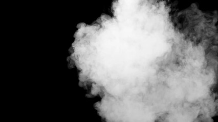 Wall Mural - Abstract white smoke animation on a black background. Smoke, steam, explosion, fire, puff, steady vapors. Realistic smoke cloud from up and button with floating fog. Best for using in composition.