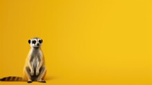  A Meerkat Standing On Its Hind Legs On A Yellow Background Looking At The Camera With A Curious Look On Its Face.  Generative Ai
