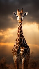 Canvas Print -  a giraffe standing in the middle of a field with a dark sky in the background and clouds in the background.  generative ai