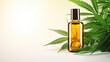 CBD oil bottle among cannabis leaves. Mockup design for medical CBD, THC tincture product.
