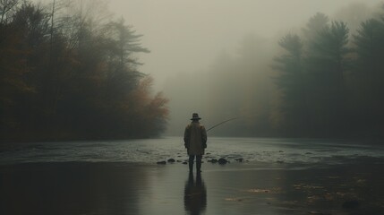 Generative AI, Fishing with rods on autumn landscape near the river, fisherman with spinning, muted colors