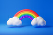 Colorful rainbow with white fluffy clouds isolated over blue background. 3D rendering.