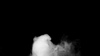 Wall Mural - Abstract white smoke animation on a black background. Smoke, steam, explosion, fire, puff, steady vapors. Realistic smoke cloud from up and button with floating fog. Best for using in composition.