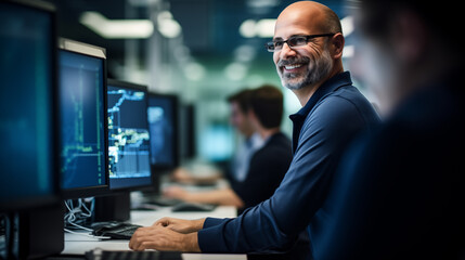 Programmer working with computers in office of data center. Generative AI