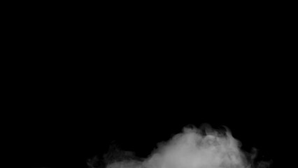 Wall Mural - Abstract white smoke animation on a black background. Smoke, steam, explosion, fire, puff, steady vapors. Realistic smoke cloud from up and button with floating fog. Best for using in composition.