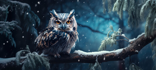 An owl sits on a snowy tree branch in the forest at night during a snowfall