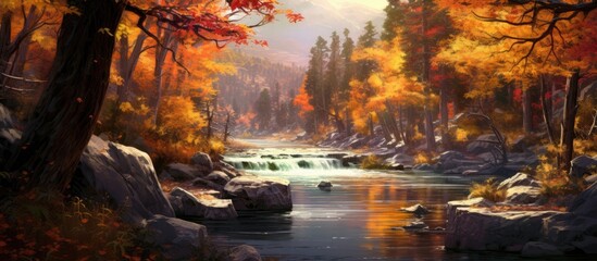 Wall Mural - The autumn landscape was defined by the vibrant colors of the leaves the majestic trees standing tall in the background and the tranquil sound of water splashing against the rocks in the fo