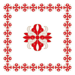 Wall Mural - Red white floral pattern frame border. Square symmetrical design graphic abstract decorative ornament. Flower petals, leaves curled swirls elegant intricate detailed wallpaper.