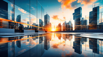 Wall Mural - Modern skyscrapers, Urban development, Reflective glass facades with dynamic angles