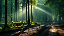 Light Beams Through Dense Forest, Nature's Cathedral, Tranquil Mood With Dappled Ground,