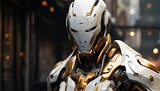 Fototapeta  - Futurystyczny robot cyborg w biało złotej zbroi 