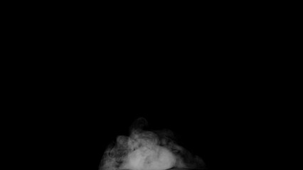 Wall Mural - Abstract white smoke animation on a black background. Smoke, steam, explosion, fire, puff, steady vapors. Realistic smoke cloud from up and button with floating fog. Best for using in composition.