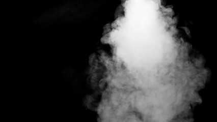 Wall Mural - Abstract white smoke animation on a black background. Smoke, steam, explosion, fire, puff, steady vapors. Realistic smoke cloud from up and button with floating fog. Best for using in composition.