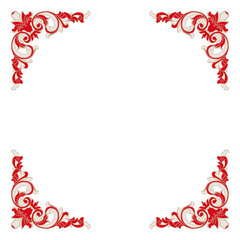 Wall Mural - Red white floral border frame. Corner design decoration. Gorgeous and elegant swirling leaf and flower pattern. Background abstract art graphic illustration.