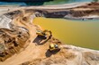 Industry, top view, colored excavator loading sand into truck on gravel quarry.