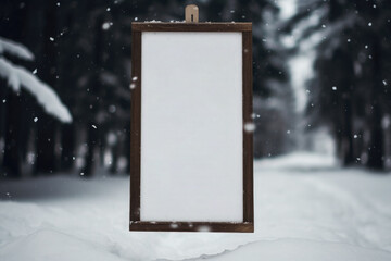 Wall Mural - White empty frame or mirror hanging in a snowy park or forest. Free space for product placement or advertising text.