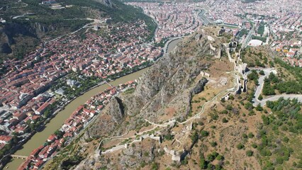 Wall Mural - Aerial view of Amasya castle in Turkey.4K Footage in Turkey