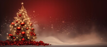 Christmas Tree With Christmas Lights Banner With Red Background 