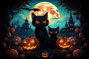 halloween background with orange scary pumpkins and bats. Black cat with yellow eyes against dark night sky. October season. 