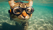 A cat wearing snorkeling goggles swims underwater, generative AI