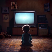Back View Of A Little Boy Sitting In Front Of Tv. Child Watching Television In Dark Living Room