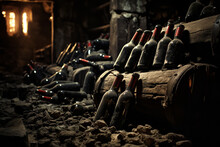  A Row Of Wine Bottles Covered In Dust Sit In A Cellar, Waiting To Be Discovered And Enjoyed
