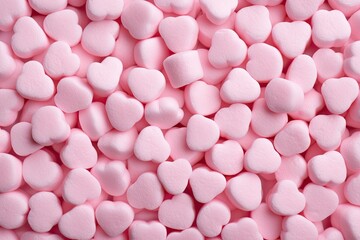 Poster - Pink heart shaped candies as background, top view. Valentine's day celebration, pink marshmallow for Valentine Day as background and texture, AI Generated