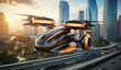 © trompinex - A vision of future air transport in a large city. Personal flying car or drone. AI digital