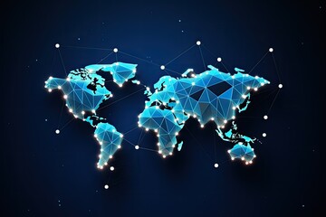 abstract polygonal world map with connections on dark blue background. vector illustration, polygon 