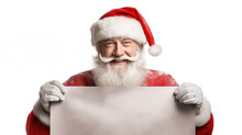 Santa Claus On A White Background With An Empty White Sign In His Hands. Generative AI	
