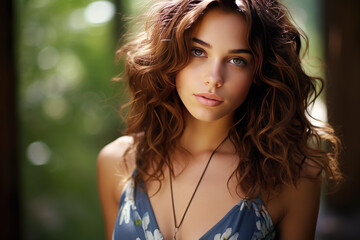 Wall Mural - A brunette woman model wearing a blue sundress in the garden