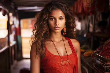 Wall Mural - An Indian woman model wearing a red sundress in the village