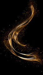 A swirl of gold sparkles with glitter effect on a black background. A carousel made of golden dust creating a festive and enchanting holiday atmosphere. Vertical banner for Christmas holidays New year