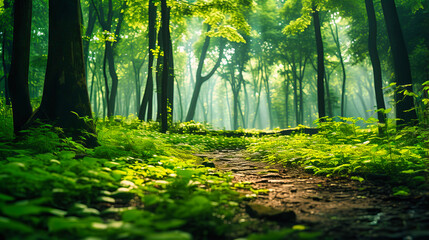 Wall Mural - Lush green forest with sunlight filtering through the canopy
