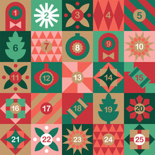 Advent Calendar With Christmas Decorations And Christmas Trees In Geometric Modern Style