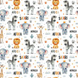 Watercolor childish seamless pattern with safari animals: elephant, lion, giraffe and zebra isolated on white background.